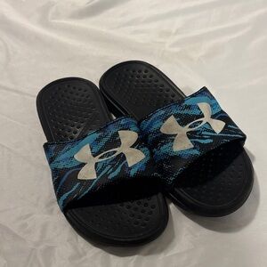 Under Armour Black Slides with Blue Pattern